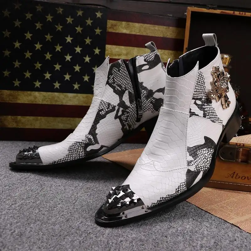 NA034 Korean Version Black And White Men Boots British Pointed Toe Genuine Leather Boots Fashion Zipper Breathable Rivet Shoes