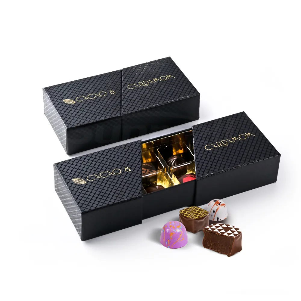 Benutzer definierte Luxus 8 Stück Mini Schublade Schokolade Geschenk box mit PVC-Einsatz Black Sliding Chocolate Truffle Packaging Box