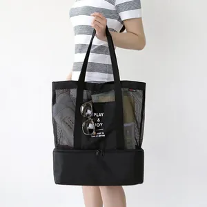Top Sale Washable Lightweight Plain Waxed Thick Swimming Beach Bag Mesh Tote Bag With Cooler Compartment