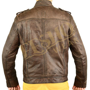 High Demand <b>Mens</b> <b>Brown</b> <b>Leather</b> Bomber <b>Jacket</b> Classic Distressed Biker Style Casual Winter Outerwear Stand Collar Front Logo - Product Image 2