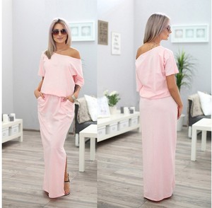 Europa e In America Le Donne Una Spalla Vestito Lungo di Estate Fessura del Lato Allentato Maxi Pavimento-Lunghezza Del Vestito - Product Image 6