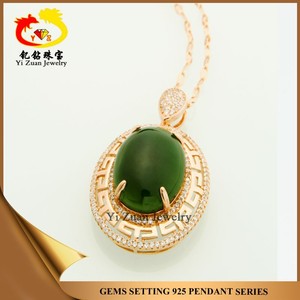 925 ovalada de plata chapado en oro natural jade verde collar de piedra - Product Image 1