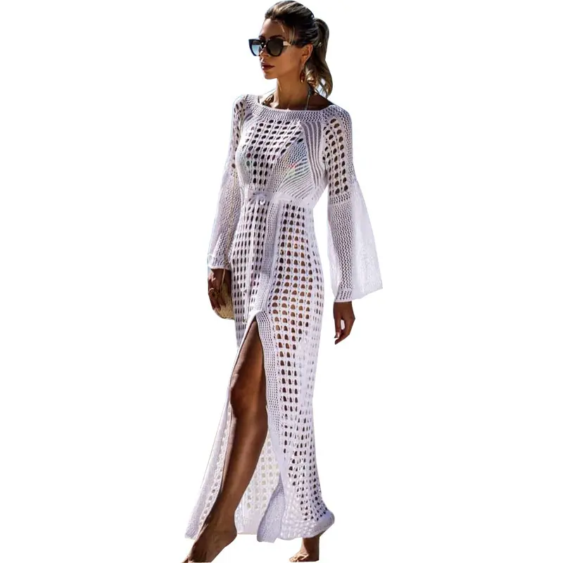 W0108 Black White Beige Crochet Bikini Covers-Up Beach Coat Swimsuit Cover Up Lace Beachwear Knitted Bikini Long Sleeve Dress