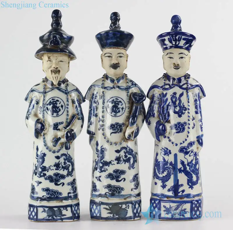 RZKC16 taille Moyenne style ancien lot de 3 bleu et blanc empereurs figurines en céramique