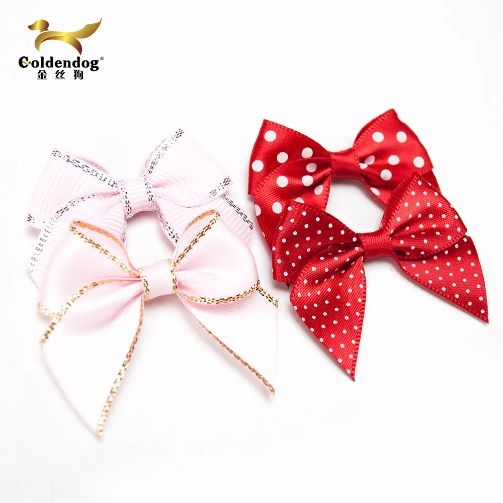 Fashion pre made handmade pink red polka dots gold edge satin ribbon bow for gift decoration