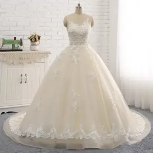 Illusion Back Embroider Arab Lace Wedding Dresses 2023 Ball Gowns Vestido de novia Appliques Beaded Princess Tulle Bridal Gowns