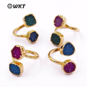 WT-R119 Adjustable Gold <strong>Stone</strong> <strong>Ring</strong>, Double Druzy Geode <strong>Ring</strong>, Druzy Jewelry Gold Plated <strong>Ring</strong> <strong>Two</strong> Stones <strong>Ring</strong> - Product Image 1