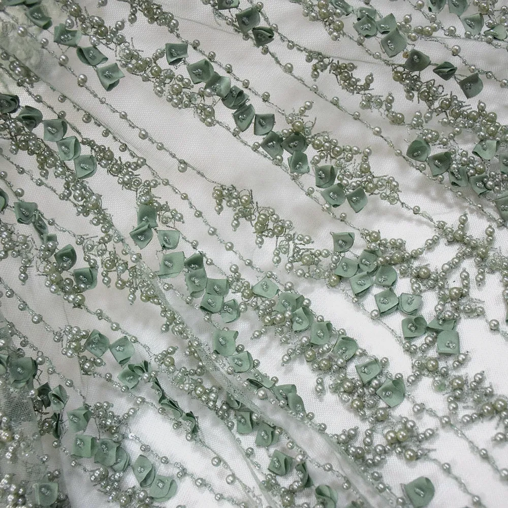 2018 fransız dantel kumaş ağır inciler üst end kalite saf el işi boncuklu net kumaş 3d çiçek gelin için HY0713-7