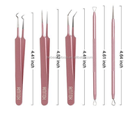 Kit de traitement de l'acné BE BEAUTY en acier chirurgical inoxydable de couleur rose avec pinces à points noirs incurvées, extracteur de comédons et de pores