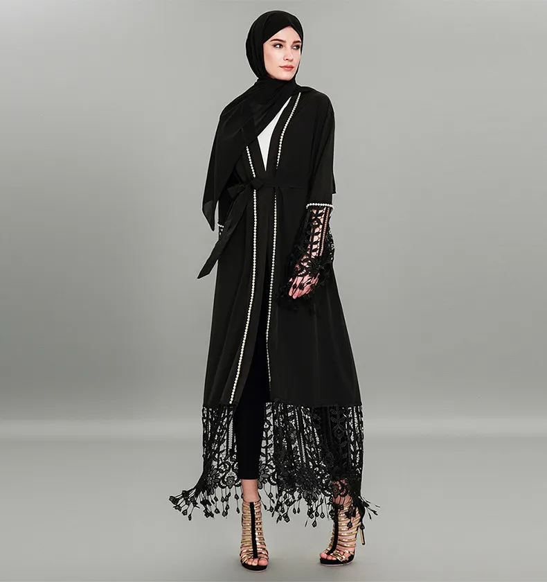 Nuovo Arrivo Pera e Pizzo Aperto Abaya Moda Kimono Moderna Islmaic Kimono Abbigliamento Dubai Abaya nero
