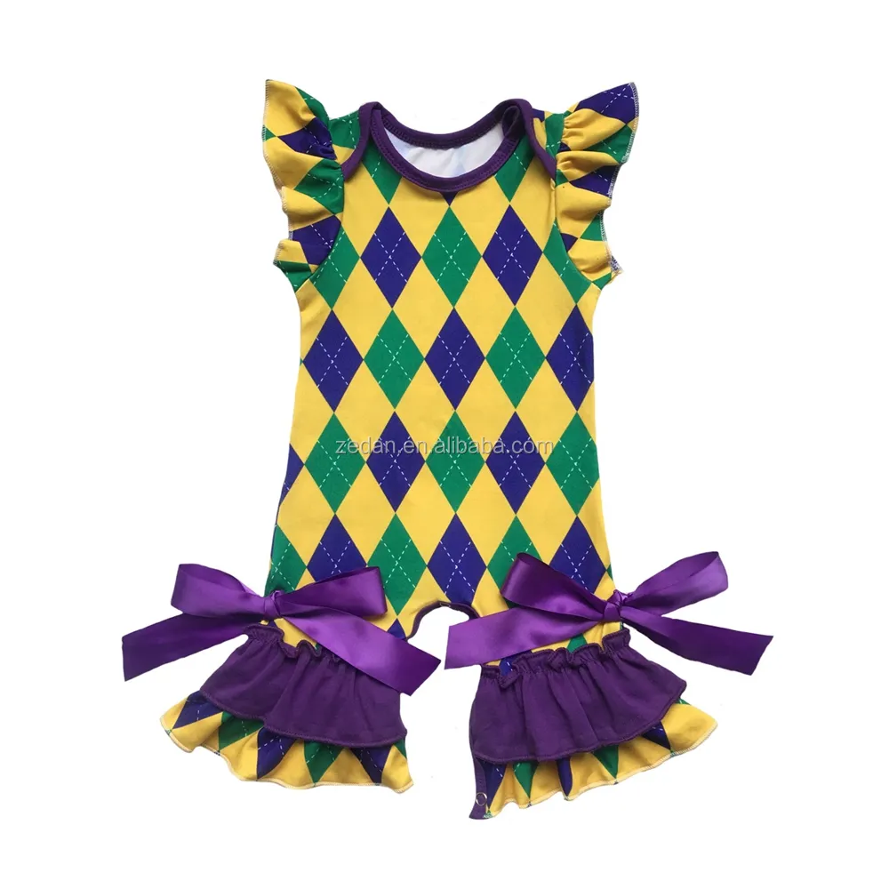 Wholesale for Mardi Gras Holiday baby girl ruffle icing romper in green/yellow/blue color rhombus pattern nice jumpsuit