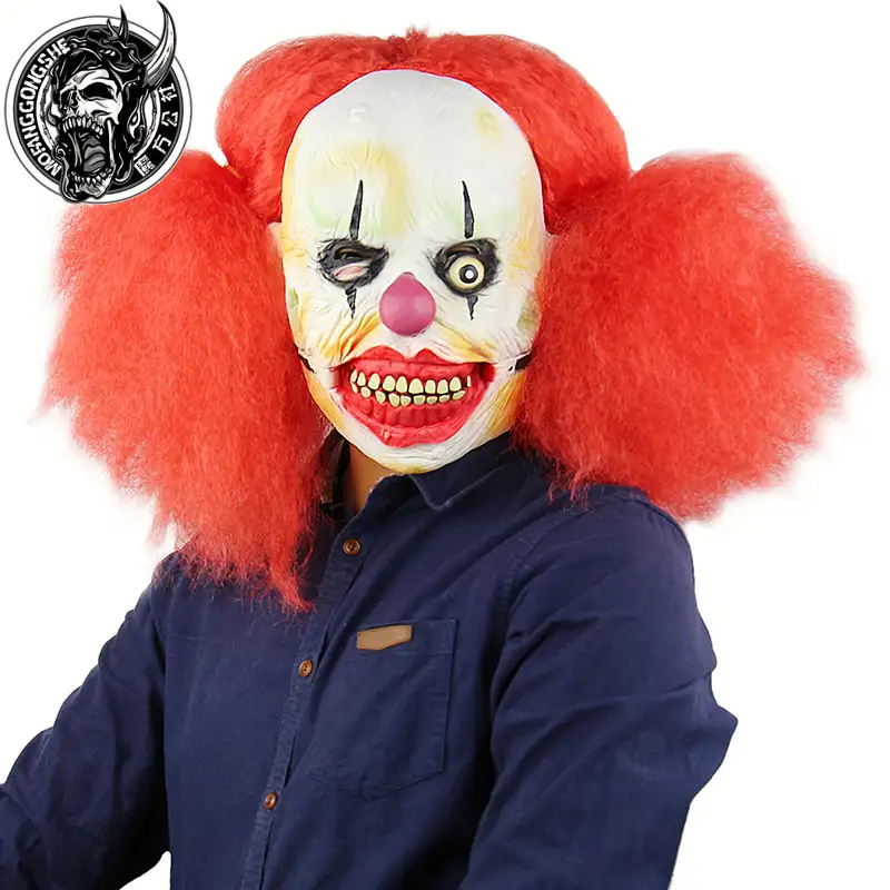 Perruque d'halloween avec masque de clown pour femmes, effrayant, rouge