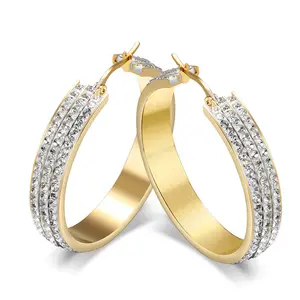 New Design High Quality Anti Allergy 3 Layers Full Crystal Micro Pave Gold Stainless Steel Big Circle Hoop Earrings For Women