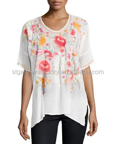 Летняя вышивка женщин топы белая Этническая блузка Sta-0030