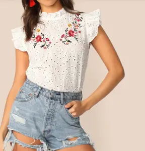 Beaty embroidered top ruffle trim top floral eyelet top