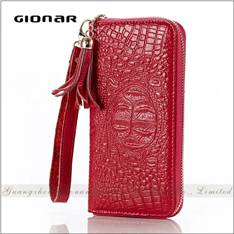 High Quality Cheap Crocodile Leather Women Cluth Wristlet Bag Costume Cow Hide Wallet