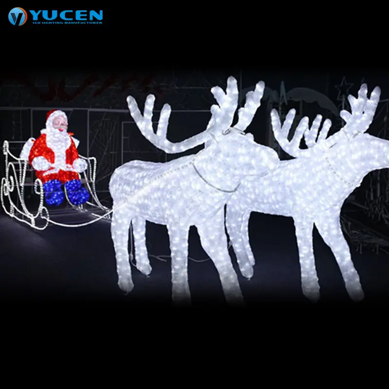 आउटडोर बड़े 3D सांता बेपहियों की गाड़ी क्रिसमस हिरन के साथ सड़क की सजावट के लिए रोशनी का नेतृत्व किया