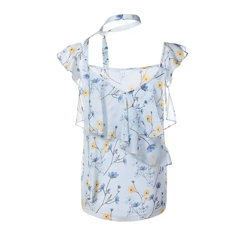 New Spring Summer Printed Floral Sleeveless Chiffon Bowknot Shoulder Girdle Cute Little Floral Design Vest Sleeveless Shirts