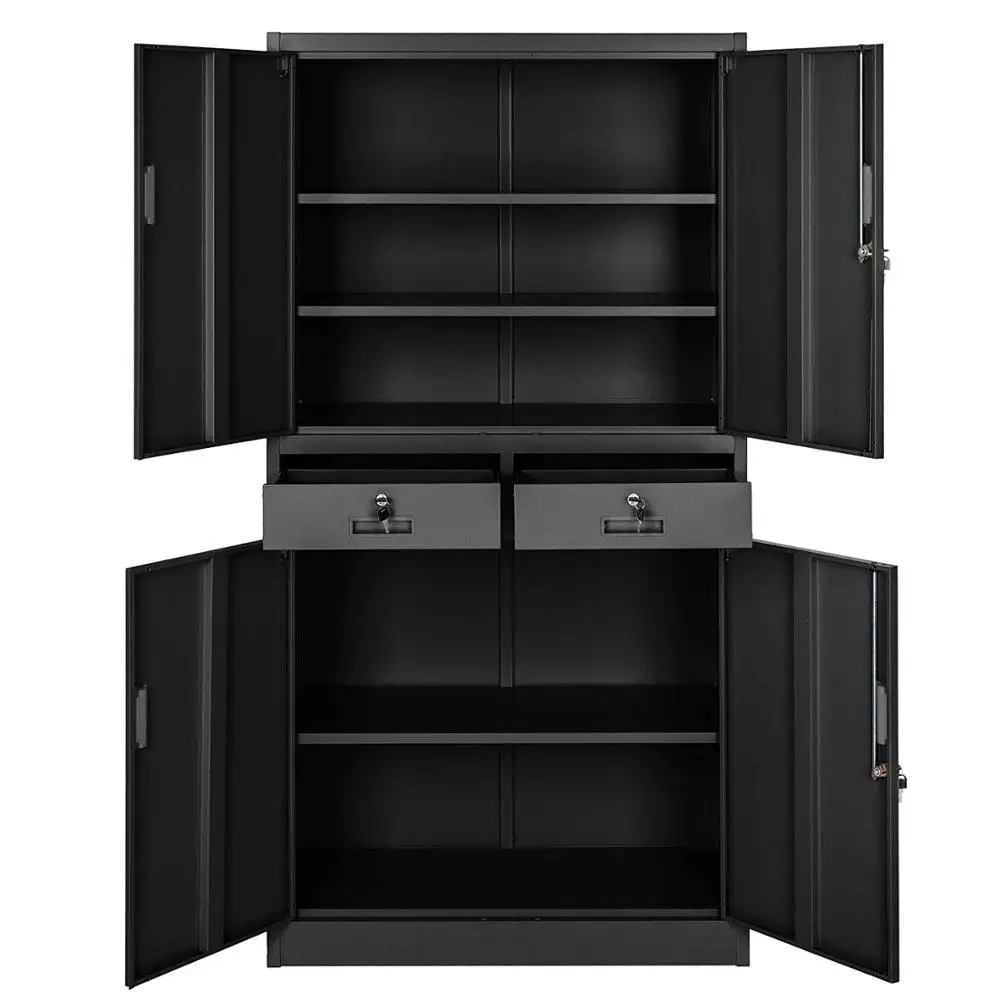 KENING Office Storage Cupboard Metal | 2 Drawers 4 Door and Lock System 180x90x40cm | Black