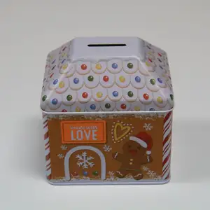 custom printed house shape tinplate material piggy bank/coin box
