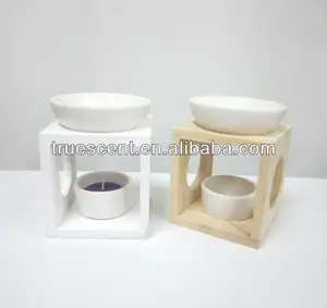 Aroma quemador de aceite blanco pulido recipiente de cerámica/candleware/marco madera ts-ob110