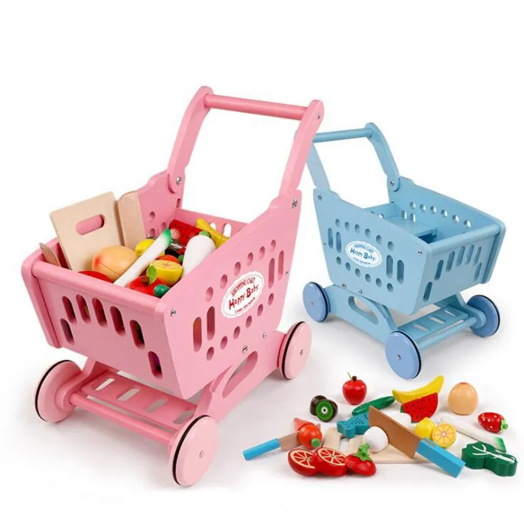 2018 Hot selling high quality kids Pretend Playing game Wooden 3D Shopping trolly toy