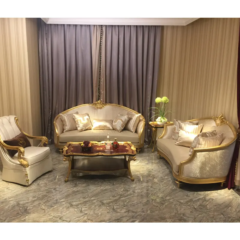 BISINI Set Sofa Antik Daun Emas Ukiran Tangan Kayu Solid Mewah Desain Mewah untuk BF08-YS013 Furnitur Ruang Tamu