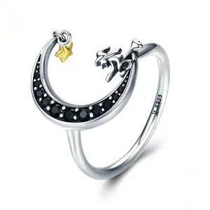 New 925 Sterling Silver Moon and Star Finger Ring Black CZ Gold Star Jewelry for Women