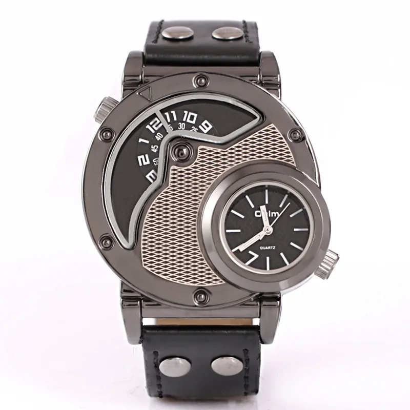 Oulm 9591 Watch Men Quartz Watches Top Brand Luxury Silver Case PU Leather Sport Wristwatch Two Time Zone Male Clock