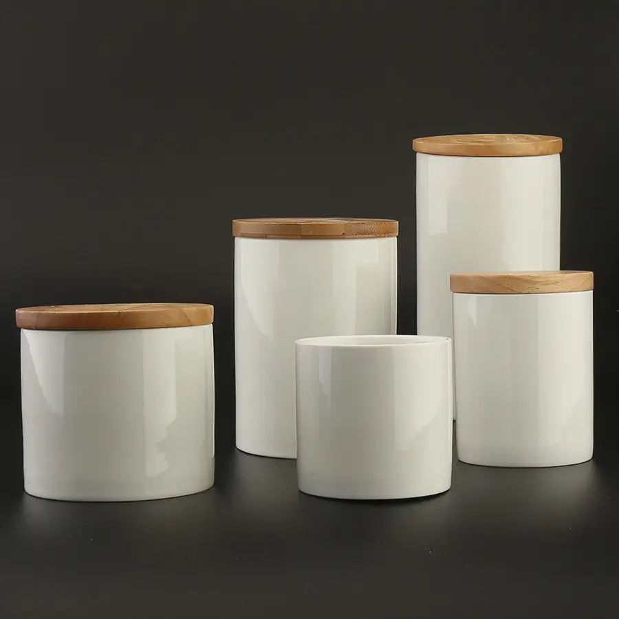 Плоская белая керамическая фарфоровая банка для кофе чая сахара с деревянной крышкой и силиконовым кольцом