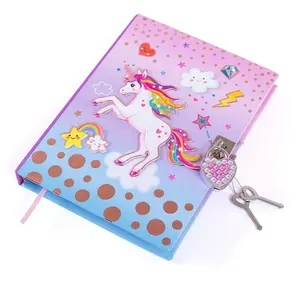 Cuaderno de papelería con diseño de unicornio para niños, diario con bloqueo, artículos escolares