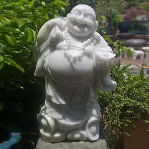 White marble standing laughing buddha happy buddha statue with gold ingot sculpture