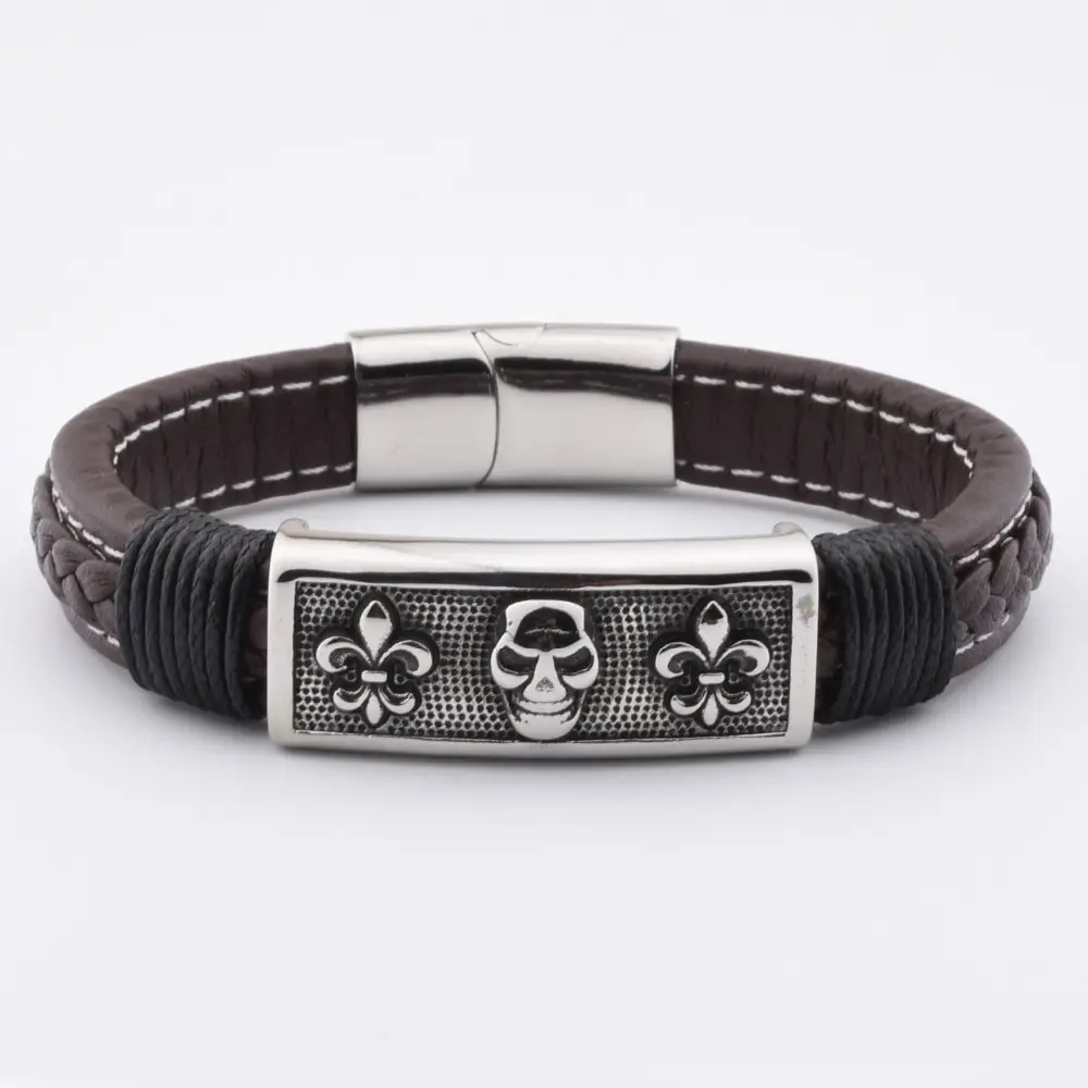Punk Genuine Mens Skull Stainless Steel Magnetic Clasp Leather Bracelets Mens Hiphop Men Bracelet