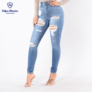 OEM e ODM Jeans Skinny strappati blu medio da <span class=keywords><strong>donna</strong></span> <span class=keywords><strong>pantaloni</strong></span> stretti - Product Image 6