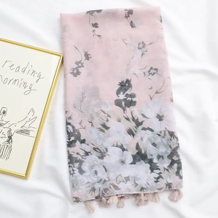 Mode printemps été poids léger fleurs motifs imprimés foulards en soie, doux lisse châle enveloppement coton foulard en soie pour les femmes