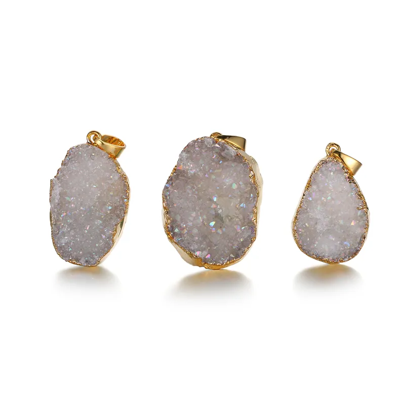 Perhiasan Kalung Batu Akik Longgar Unik Lapis Emas Brasil Druzy Quartz Kristal Liontin Pesona untuk Wanita