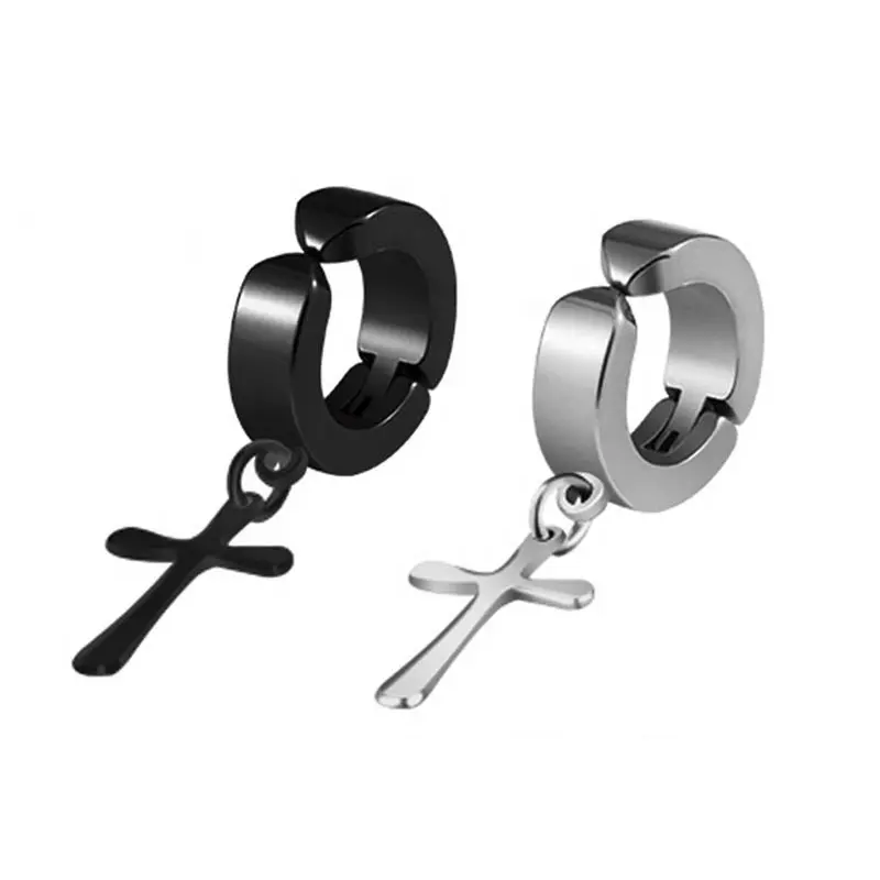 Rvs Cross Dangle Ear Cuff Earring Voor Mannen In Zwart/Zilver Kleur