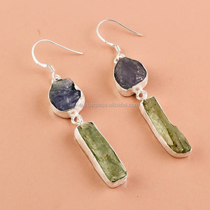 Boucles d'oreilles en argent sterling 925 avec pierres précieuses, tanzanite naturelle, bijoux en argent avec kyanite verte, bijoux en argent faits à la main - Product Image 1