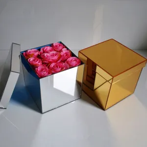 15X15X15Cm Vuông Tùy Chỉnh 9 Hoa Hồng Bạc Vàng Nhân Đôi Hộp Acrylic Plexiglass Rose Flower Gói Box Với Gương