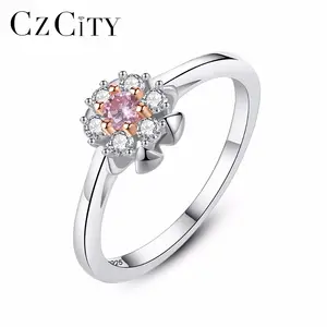 CZCITY Cincin Perak Halus 925, Perhiasan Cincin Pernikahan Bentuk Bunga dengan Kristal CZ Bling Kecil untuk Pesta Wanita