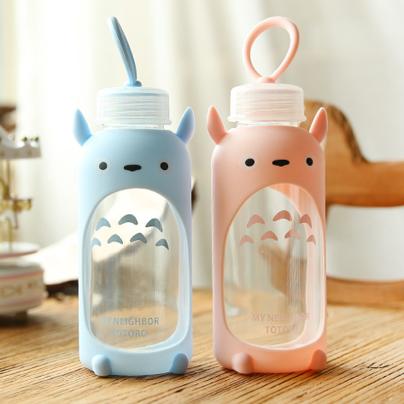 370ml Cute Totoro Cartoon Glass Cup,Travel Water Bottle With Silicone Sleeve.