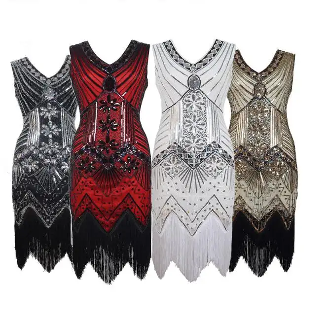 Ecoparty vrouwen 1920 Jurk V-hals Kralen Sequin Omzoomd Gatsby Flapper Jurk