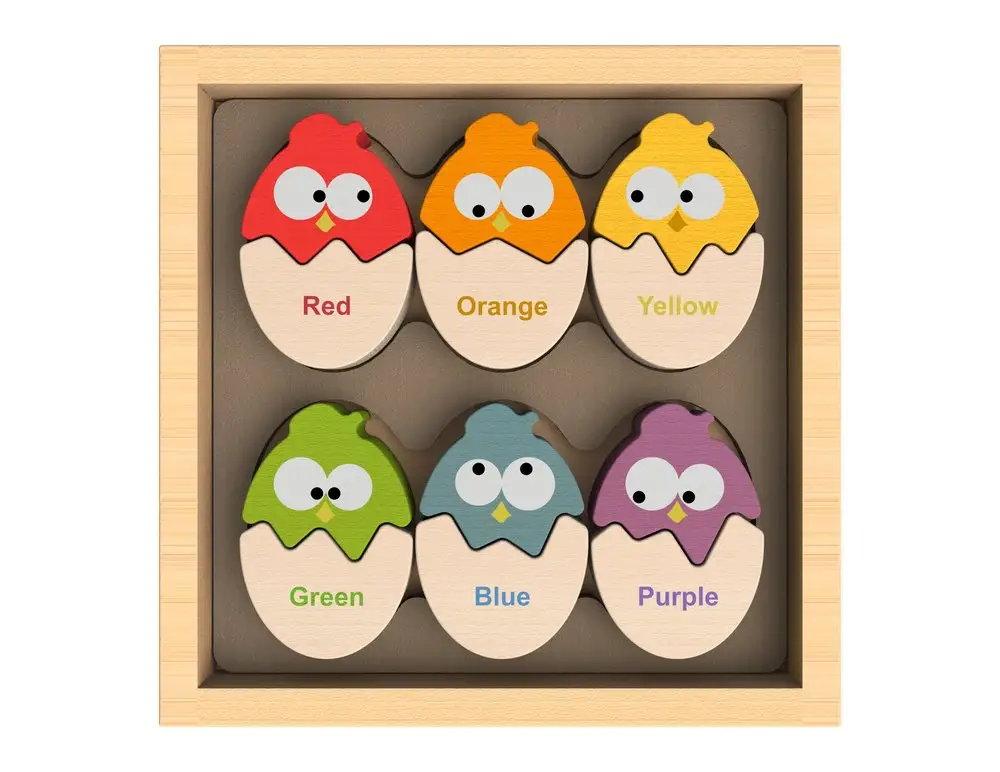 Bloco de aprendizagem, ovos de madeira, quebra-cabeça colorido correspondente