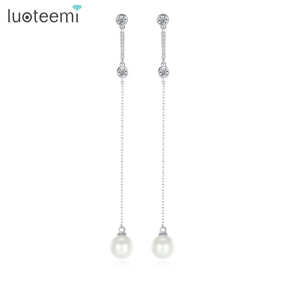 LUOTEEMI Women Bridal Wedding Fashion Jewelry Long Chain With Created White Round Pearl Drop Dangle Earrings