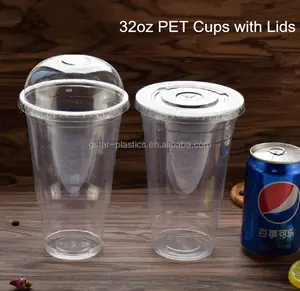 32oz 950ml PET Plastic Disposable Cups with Dome Flat Lids for Cold Drinking Beverage