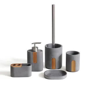 Concrete / Ceramic 5 pcs Bathroom Accessories Set with bamboo wooden decor