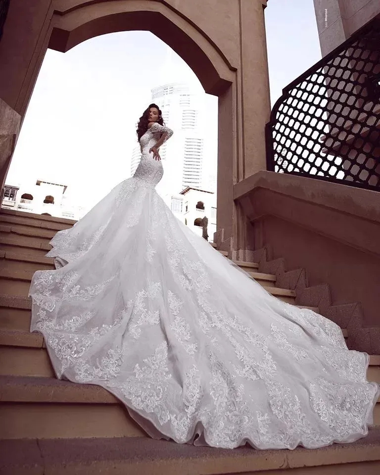 Robe De Mariage Luxe Mermaid Trouwjurk Sexy Fit En Flare Kant Wedding Gown Met Trein Off Shoulder Arabische Bruids jurk