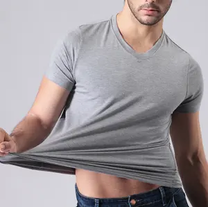 Camiseta informal de bambú con logo personalizado para hombre, ropa de manga corta con cuello de pico suave 100%, de algodón, en blanco