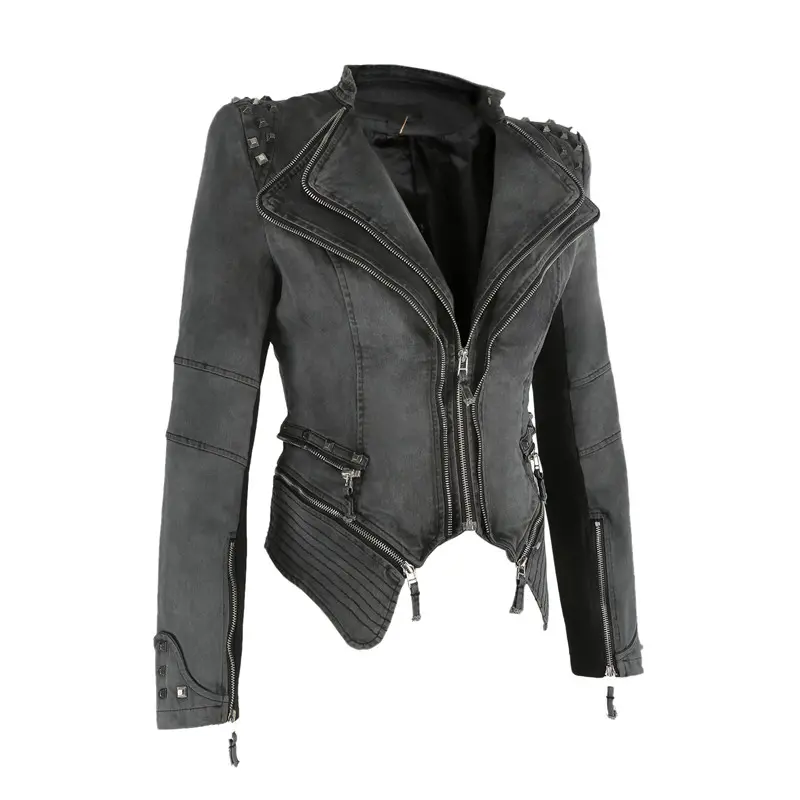 Модная куртка с заклепками в стиле панк-рок, локомотивная мотоциклетная Женская джинсовая куртка на молнии с заклепками, джинсовая куртка для женщин