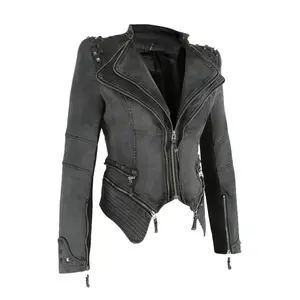 Fashion rivet punk rock jacket locomotive motorcycle zipper woman ladies jean rivet denim jacket for women